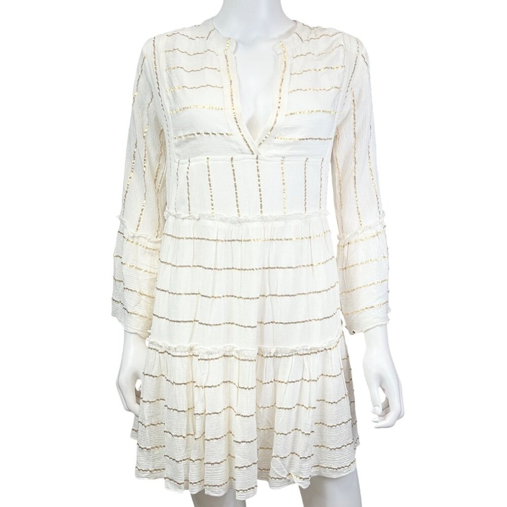 En Crème Womens White & Gold Striped Flared Sleeve Dress